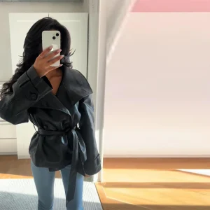 Veste en skaï casual avec ceinture Noire