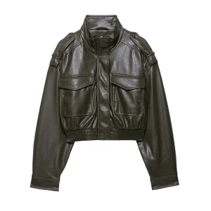 Veste Slim en skaï casual Vert militaire