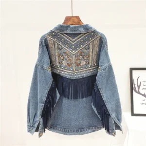 blouson jean franges bleu