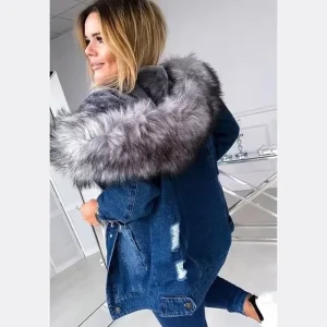 blouson jean capuche bleu foncé