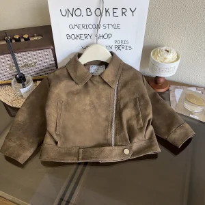 blouson moto enfant marron foncé