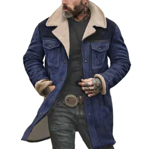 Blouson long effet daim en bleu marine