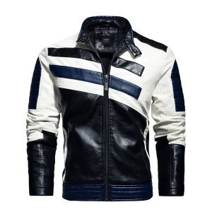 blouson moto bleu blanc homme