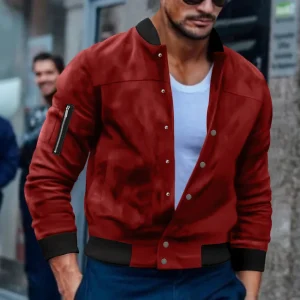 blouson mi-saison effet daim rouge
