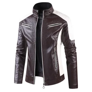 Blouson effet Cuir marron blanc Moto Homme
