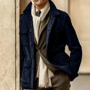 Blouson Long effet daim bleu marine
